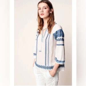Joie Women's Gauge Cotton Gauze V-Neck Embroidered White Peasant Blouse
